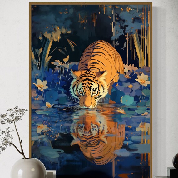 Bengal Tiger Drinking Jungle Pond Golden Reflection Night Floral Art Poster