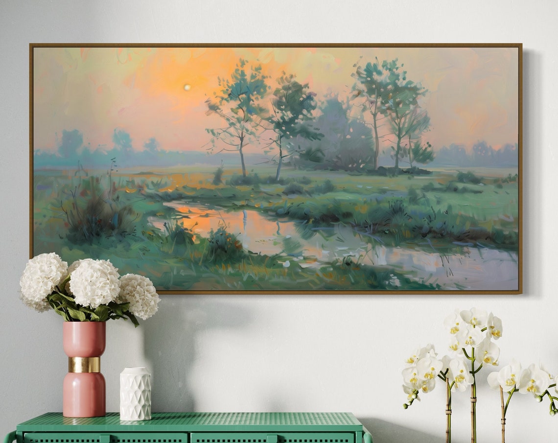 Misty Sunrise Over Green Meadow Stream Soft Pastel Morning Poster