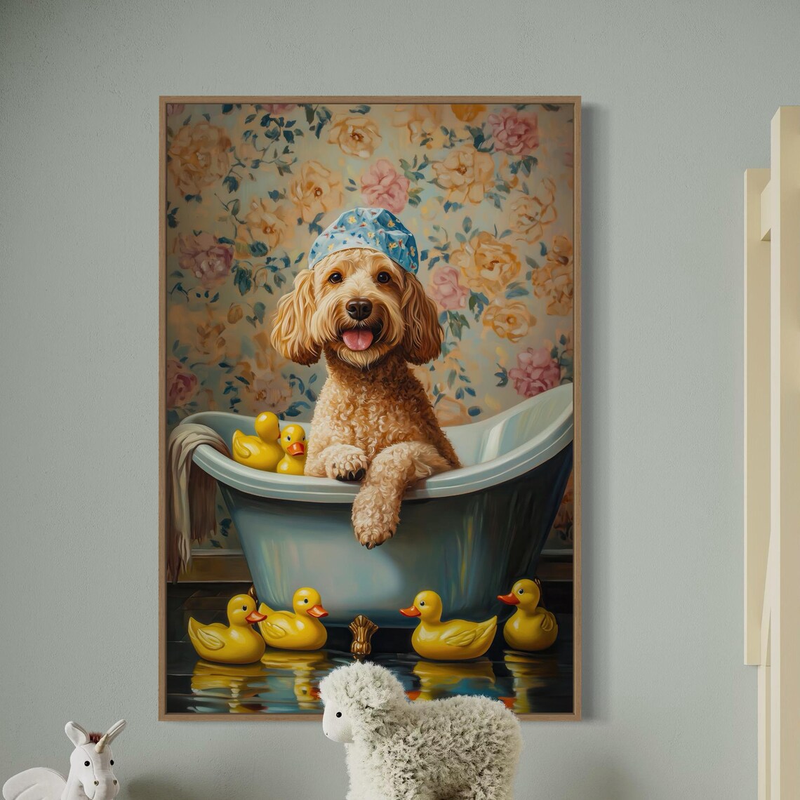 Cute Curly Dog Bathtub Rubber Ducks Funny Whimsical Bathroom Poster - Image 5