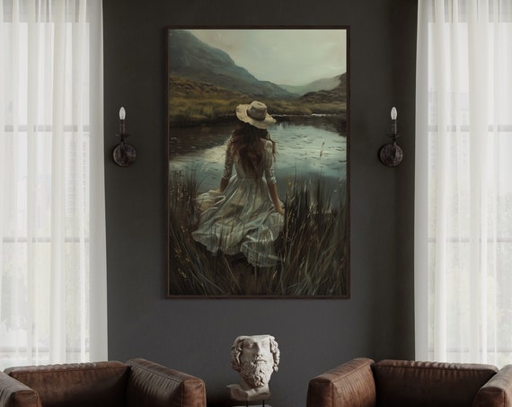 Woman Silhouette By Lake Wall Art Female Figure Art Rustic Oil Painting Print With A Moody Aesthetic For Gothic Decor