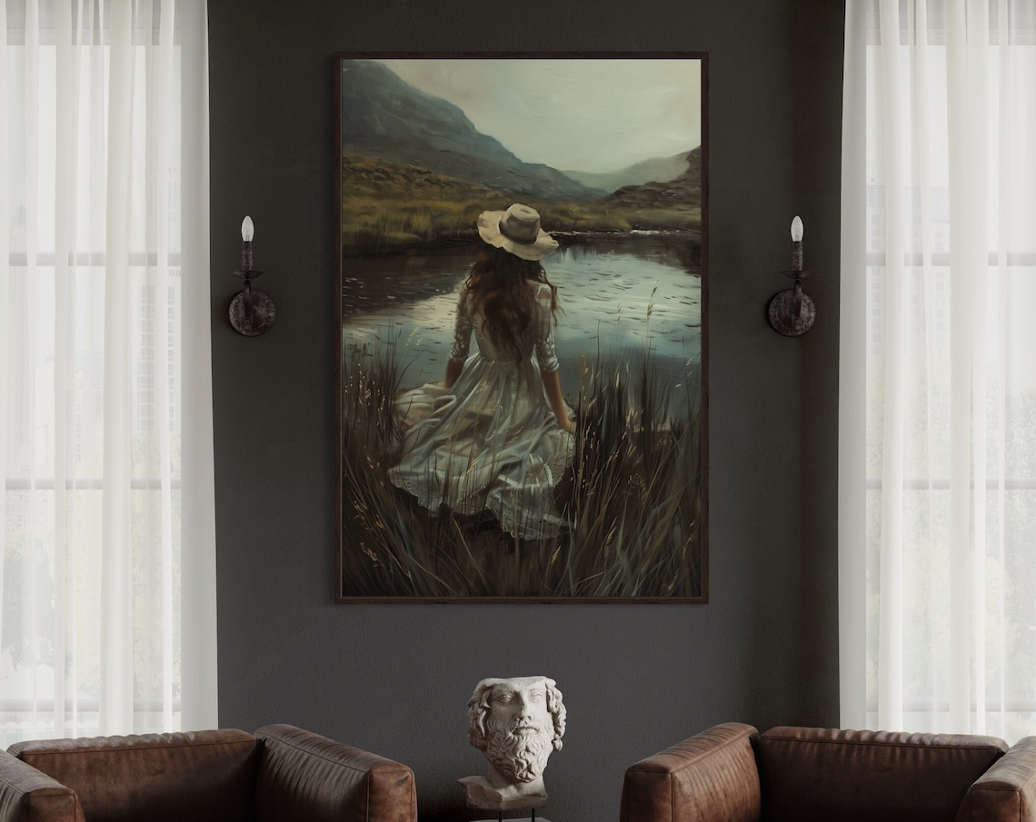 Woman Silhouette By Lake Rustic Oil Painting Moody Aesthetic Poster