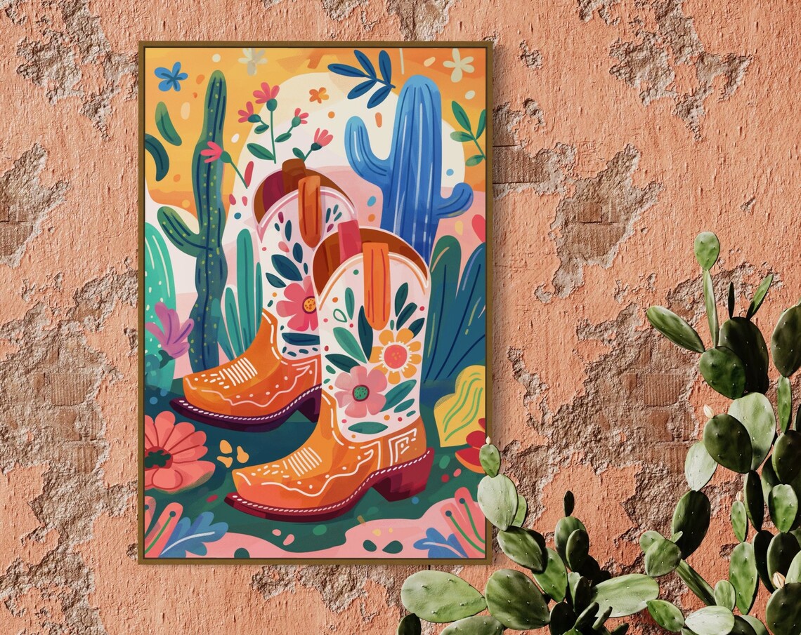 Colorful Cowboy Boots Print Southwestern Art For Home Decor Mexican Painting Poster Perfect Cowgirl Boots Decor And Coquette Room Accent