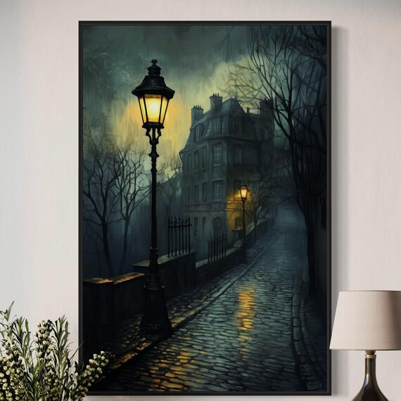 Gothic Street Lamp Foggy City Art Moody Victorian Style Print Mystical Noir Wall Decor For Living Room Bedroom