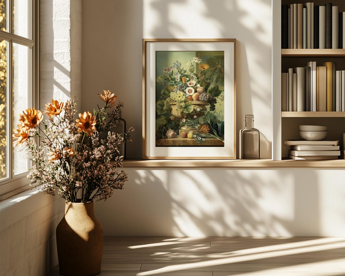 Fruit and Flower Still Life in Golden Urn with Grapes Vintage Poster - Image 6