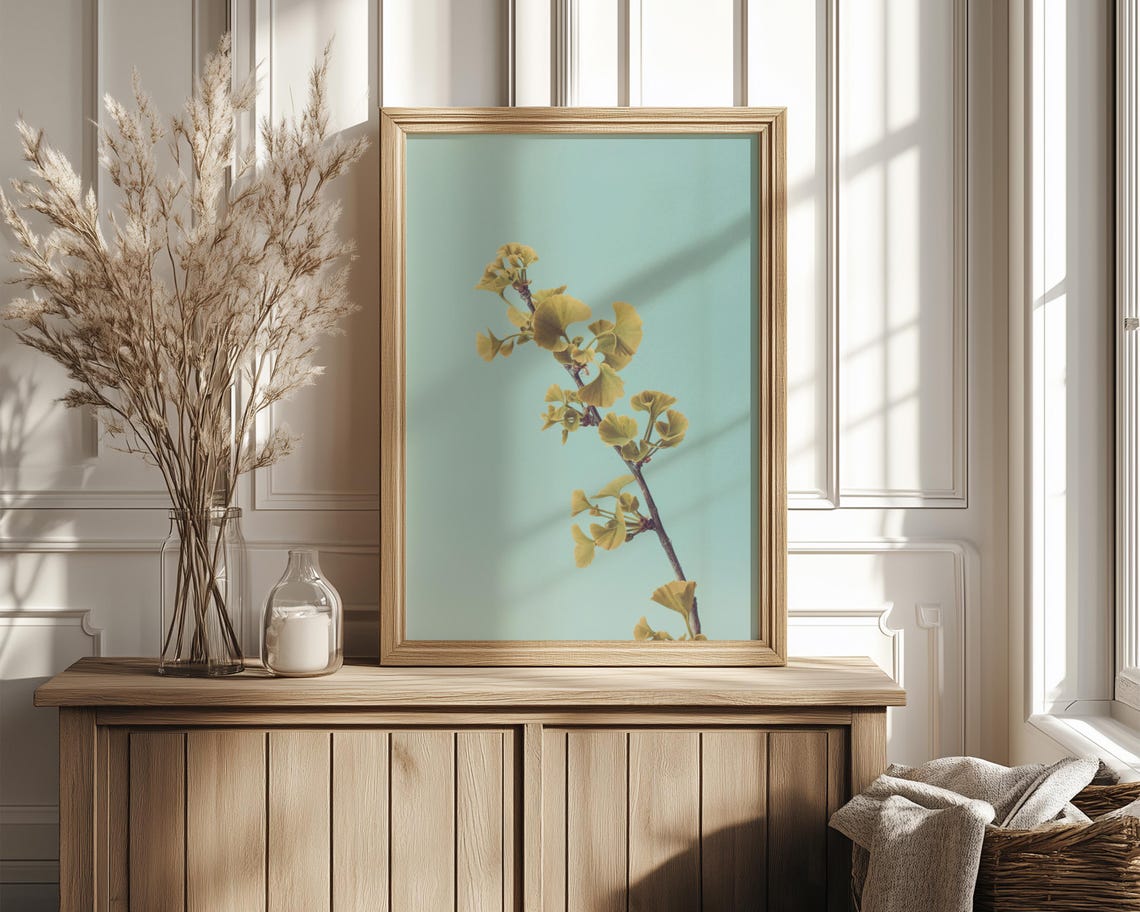 Golden Ginkgo Leaves Branch Minimalist Teal Botanical Poster - Image 4