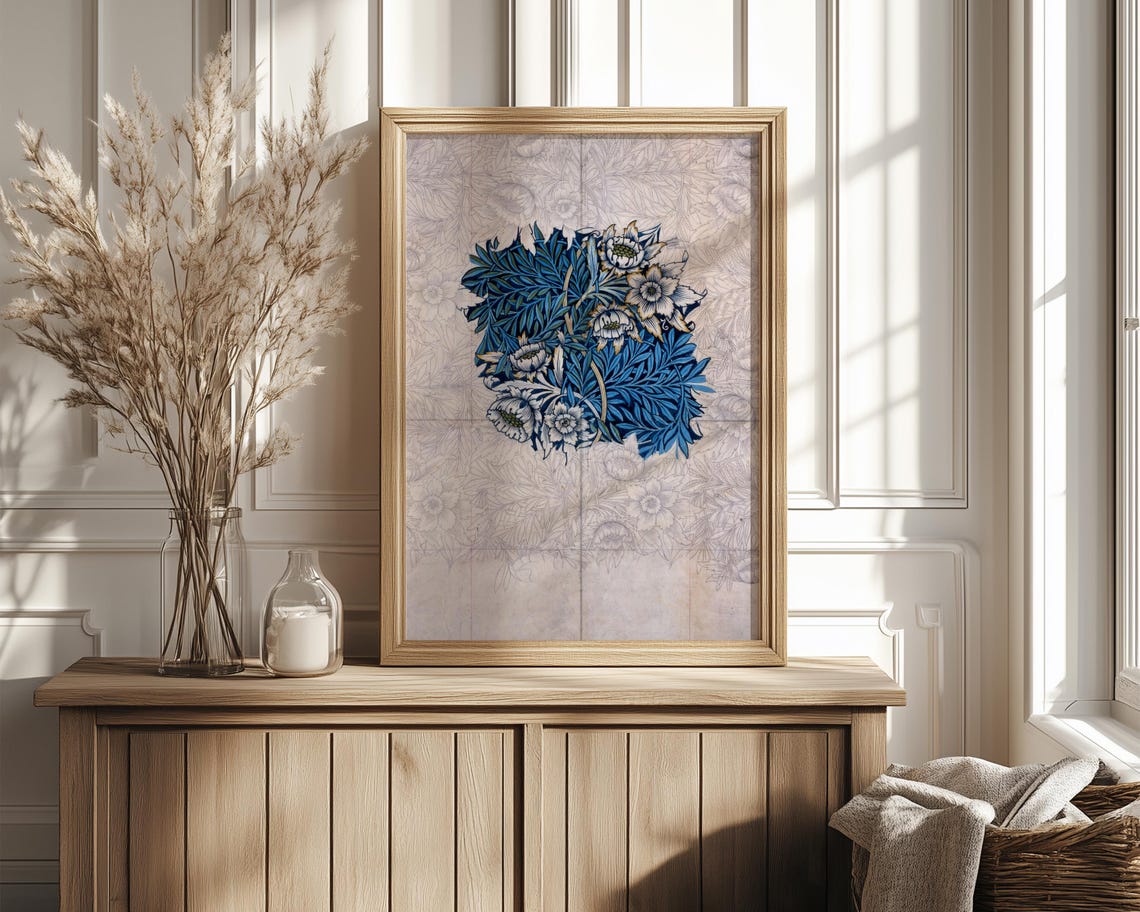 William Morris Style Blue Botanical Motif Sketch Paper Poster - Image 4