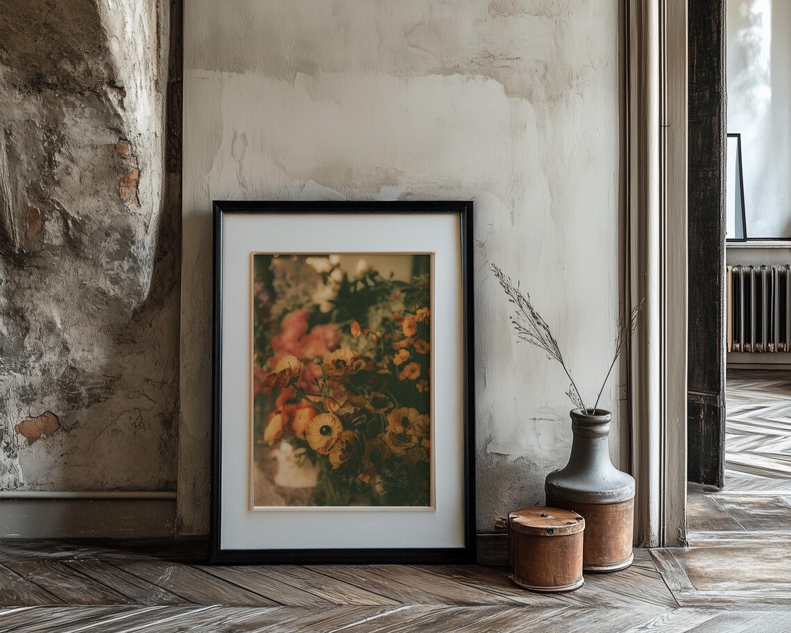Golden Orange Ranunculus Bouquet Moody Floral Photography Print - Image 3