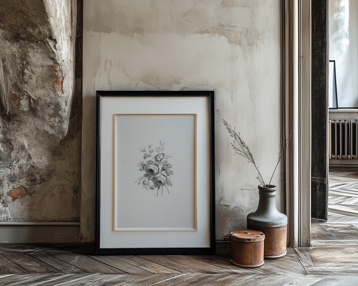 Black and White Rose Bouquet Ink Sketch Minimalist Art Poster - Image 3