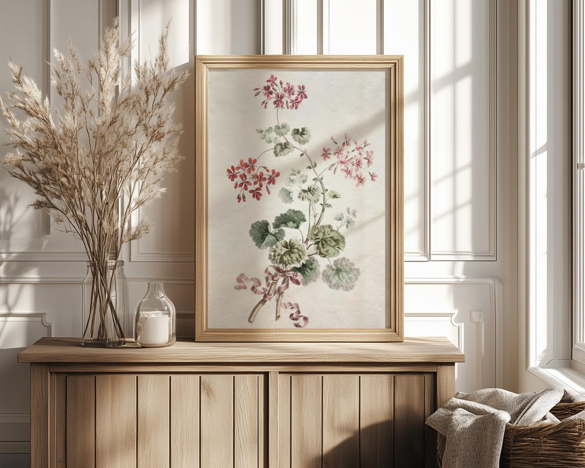 Pink And Red Geranium Stems Tied With Ribbon Botanical Print - Image 4