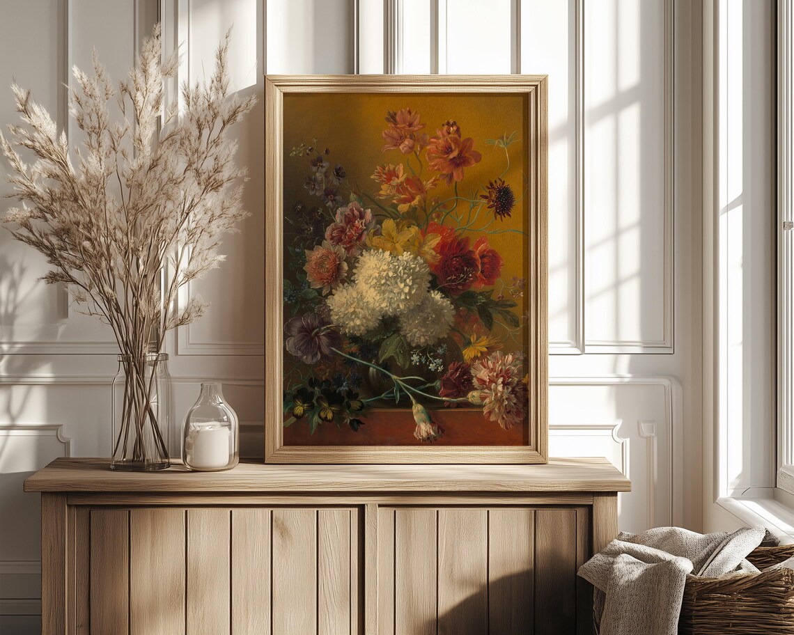 Classic Dutch Bouquet with Dahlias Golden Oil Painting Poster - Image 4