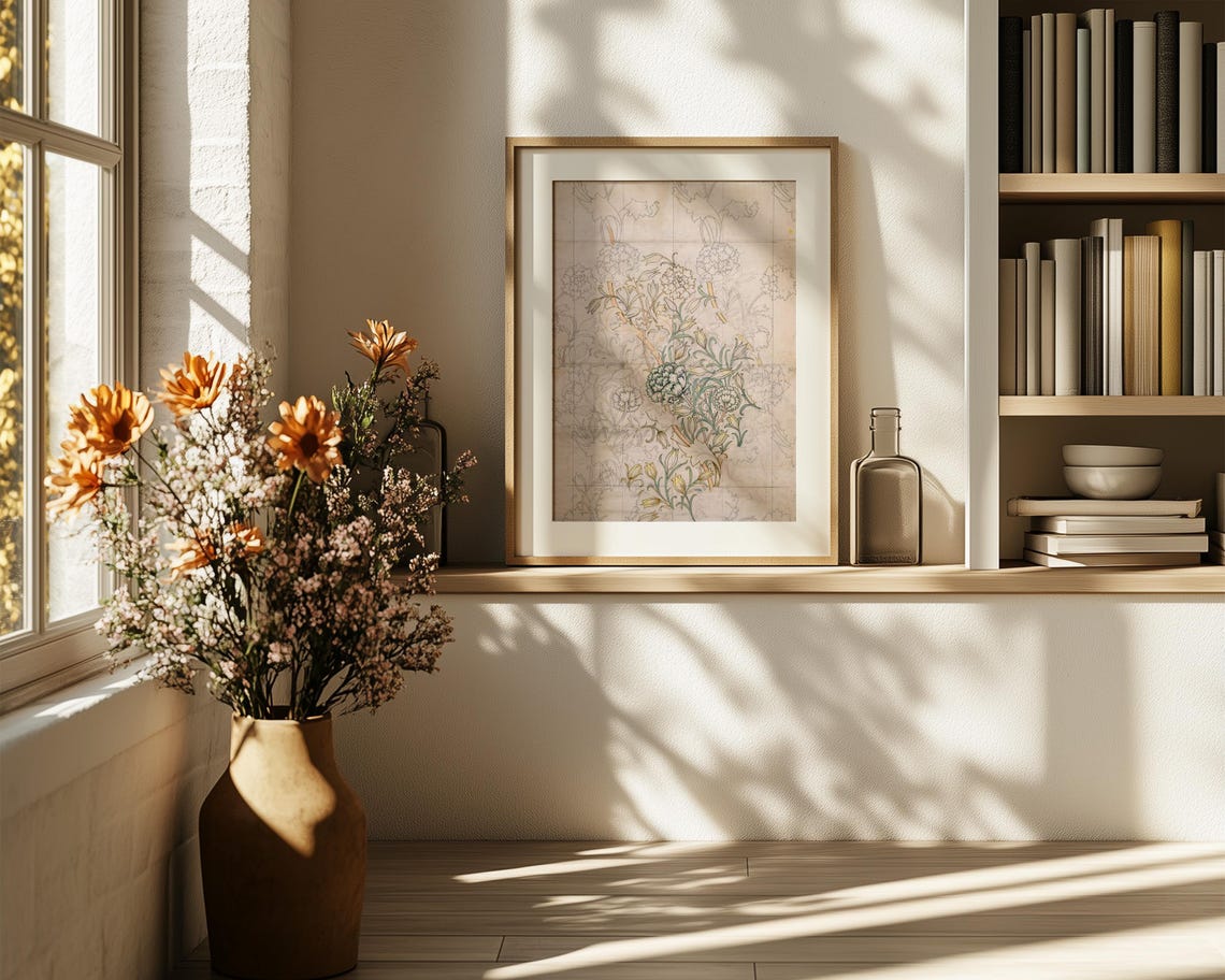 Botanical Line Drawing Study Faint Color Morris Style Art Poster - Image 6