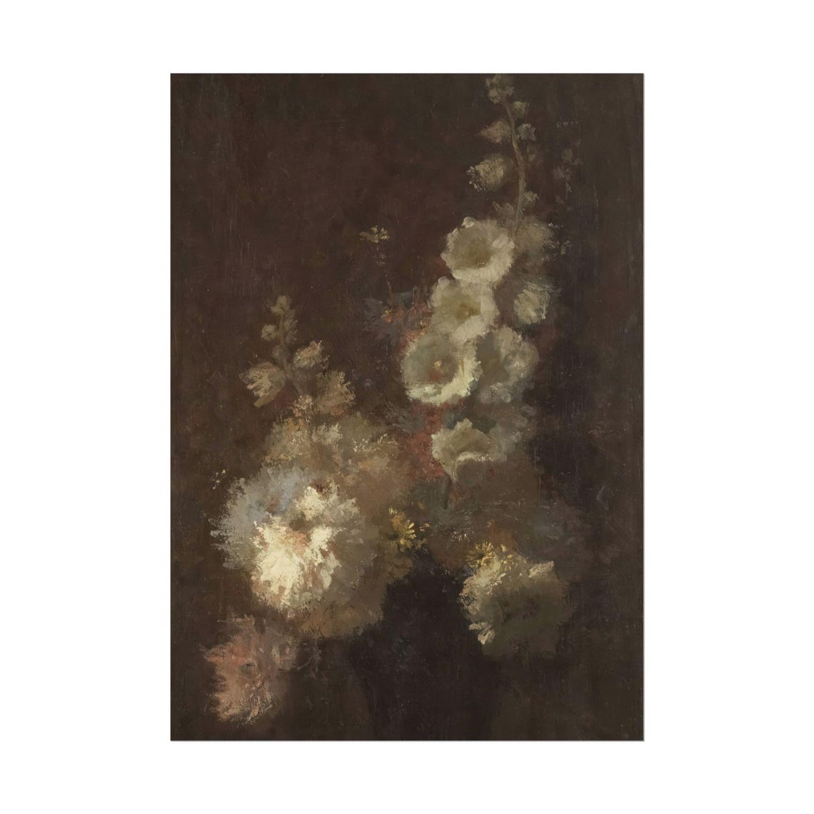 White Hollyhock Spires Dark Moody Vintage Floral Oil Painting Poster - Image 3