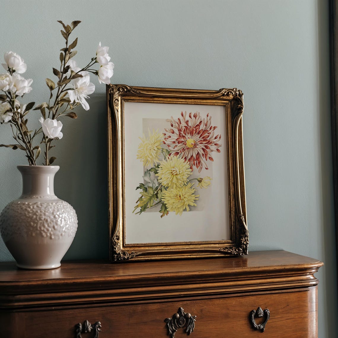 Yellow and Red Chrysanthemum Flowers Vintage Botanical Art Poster - Image 2