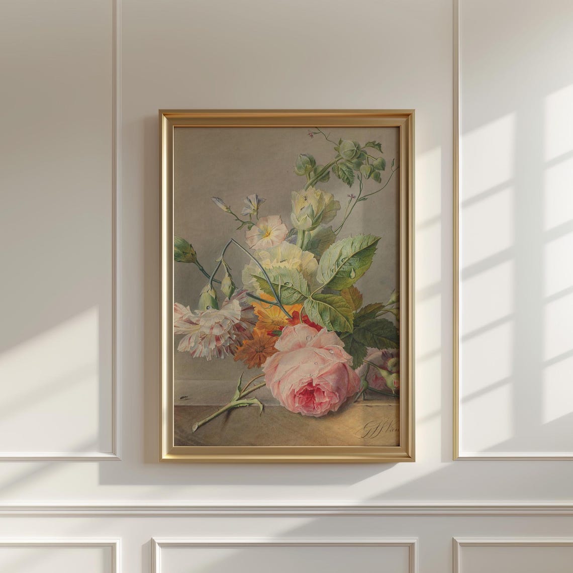 Delicate Pink Rose and Carnation Bouquet Vintage Botanical Poster - Image 5
