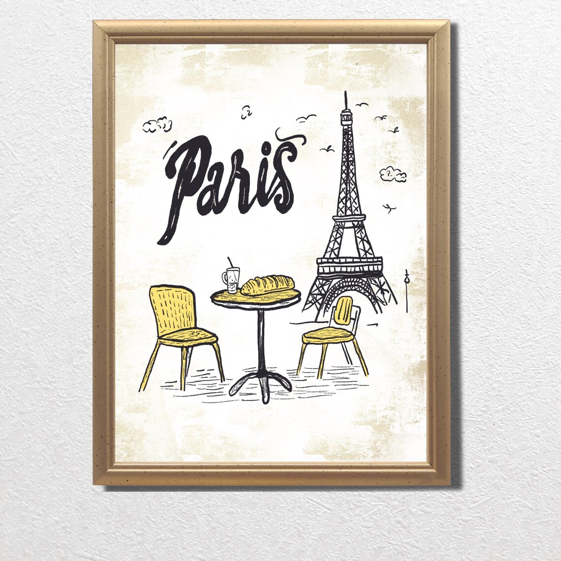 Paris Eiffel Tower Cafe Sketch Vintage France City Travel Poster