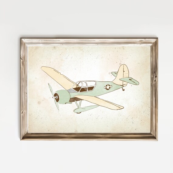Vintage Mint Propeller Plane Nursery Sketch Star Roundel Print