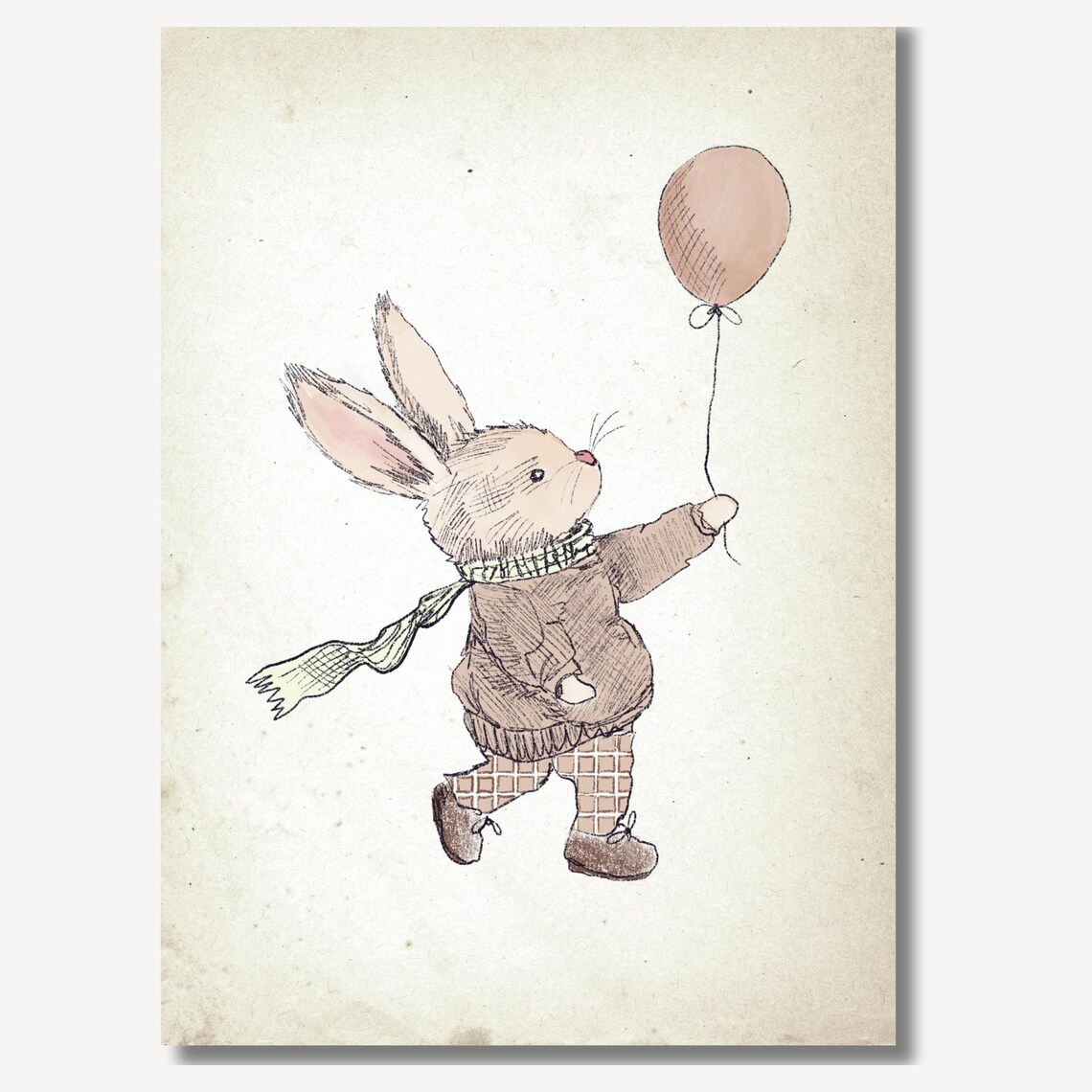 Cute Bunny In Sweater Holding Pink Balloon Nursery Sketch Poster - Image 2