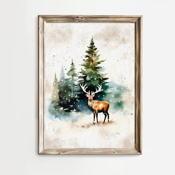 Winter Stag In Snowy Pine Forest Watercolor Christmas Poster
