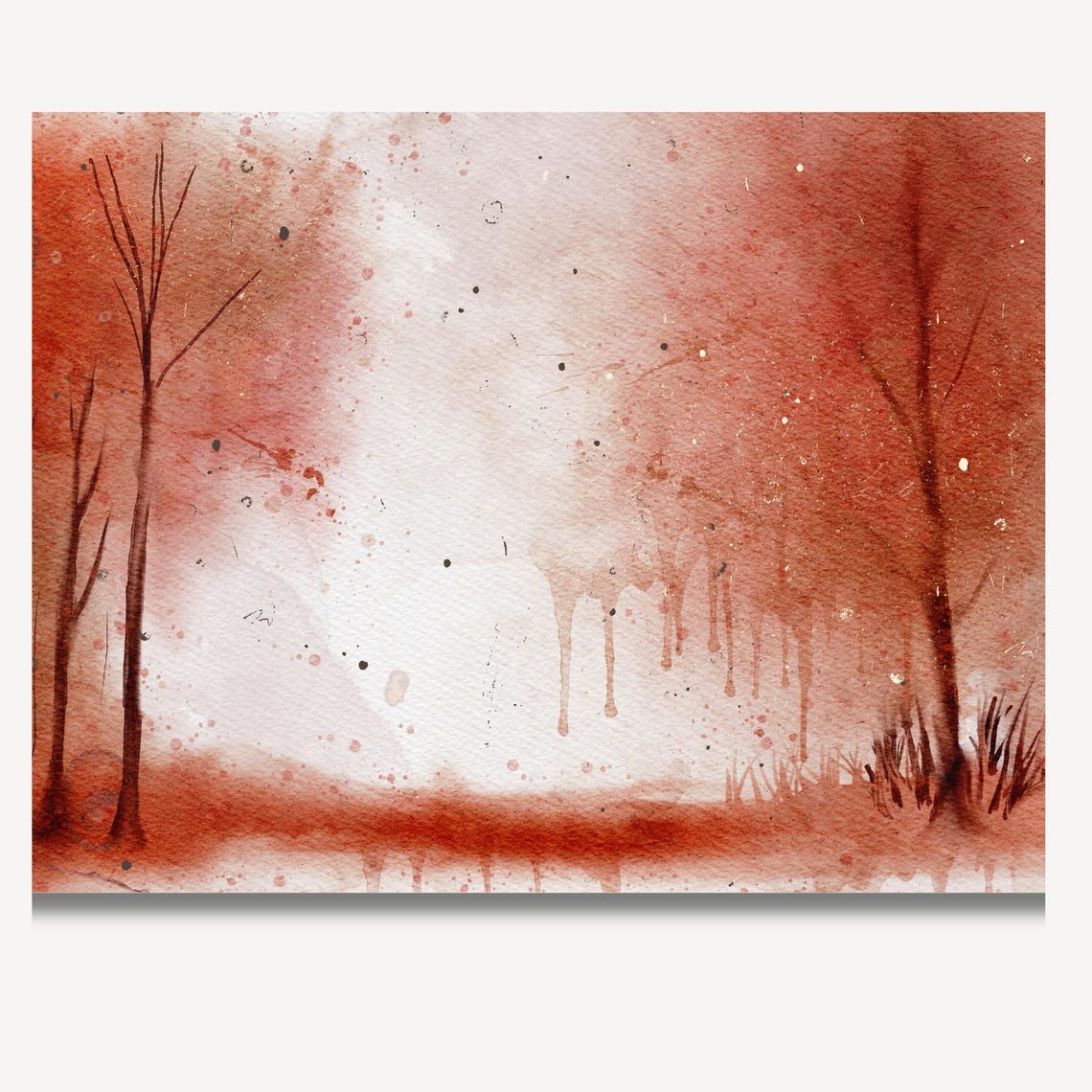 Red Autumn Forest Watercolor Bare Trees Misty Fall Landscape Poster - Image 2