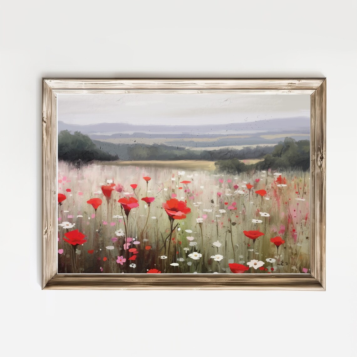 Red Poppy Wildflower Meadow Oil Painting Landscape Art Poster