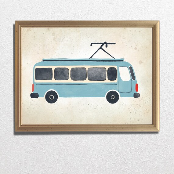 Classic Vintage Blue Trolleybus Nursery Sketch Vehicle Poster