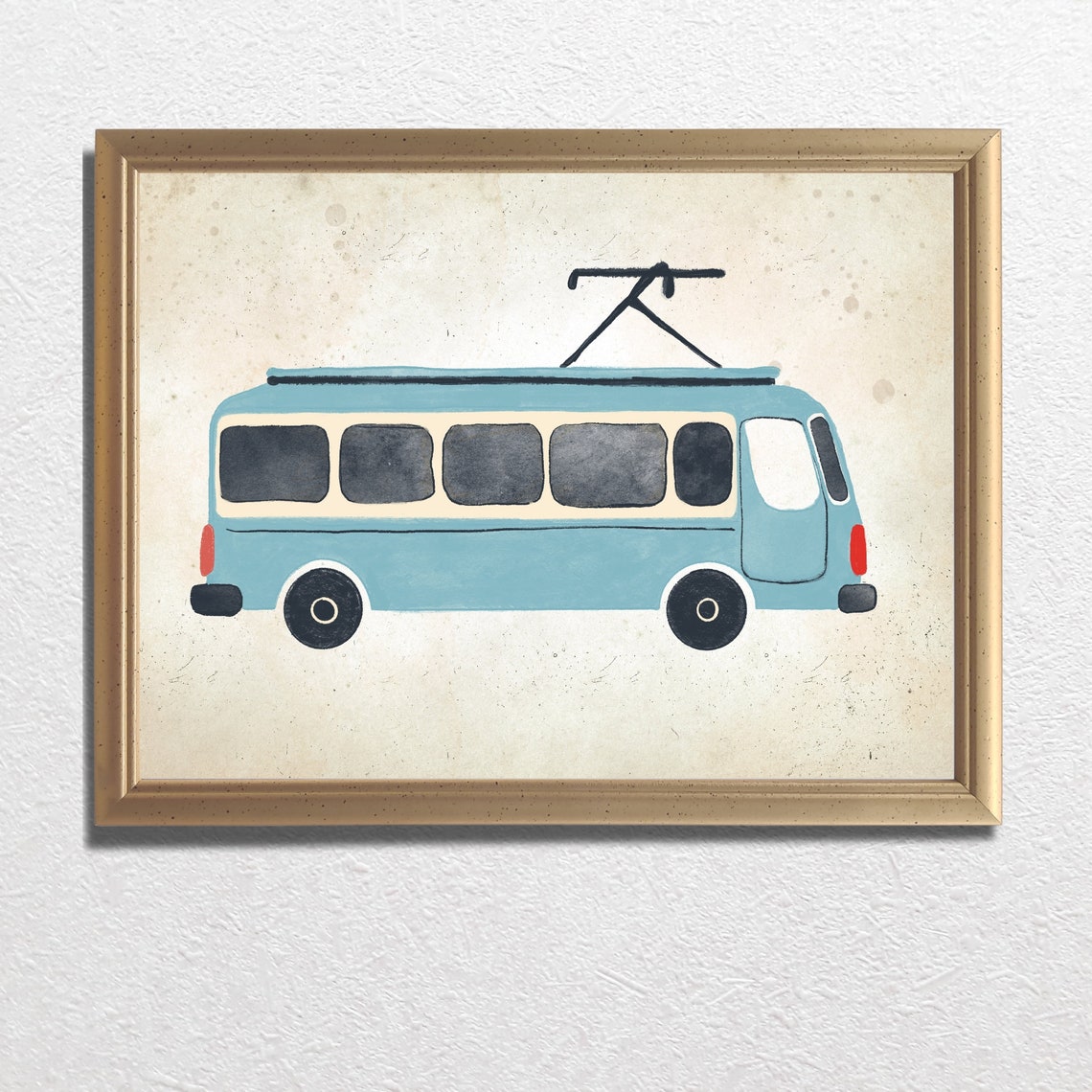 Classic Vintage Blue Trolleybus Nursery Sketch Vehicle Poster