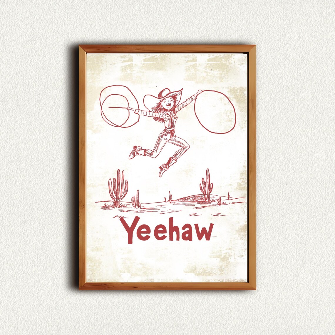 Yeehaw Cowgirl Jumping Lasso Desert Western Fun Sketch Poster - Image 3