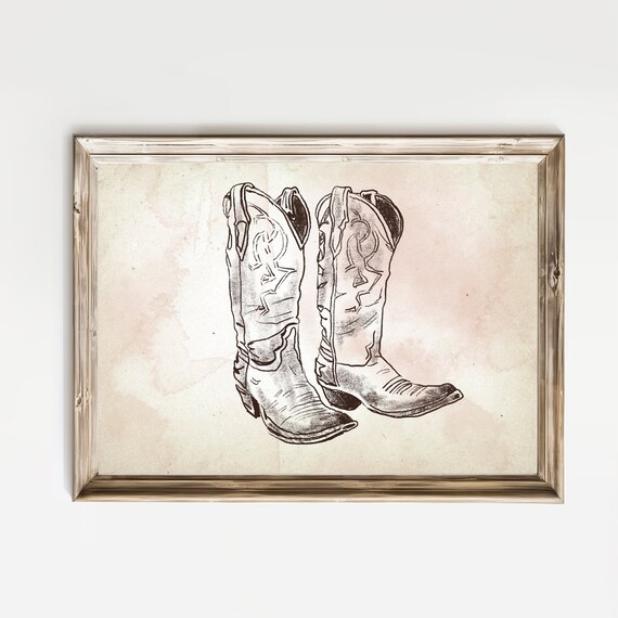 Vintage Cowboy Boots Sepia Sketch Rustic Western Nursery Wall Art