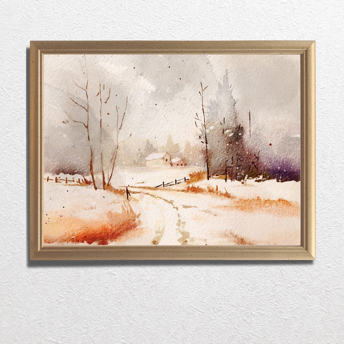 Snowy Winter Farmhouse Path Through Misty Valley Watercolor Poster - Image 3