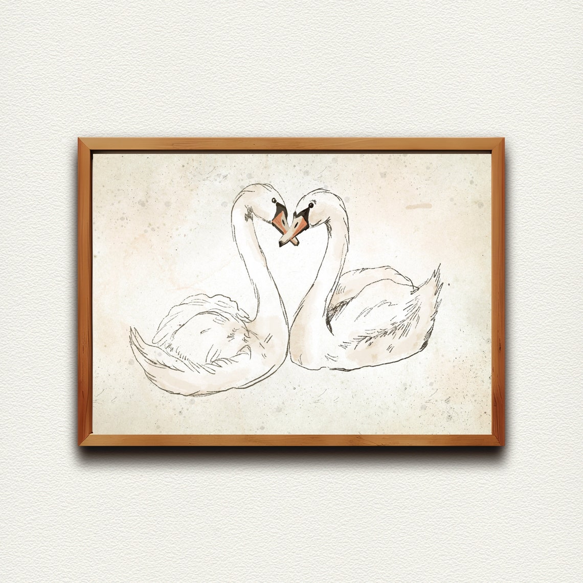 Swans with Necks Forming Heart Romantic Sketch Decor Art Print - Image 3