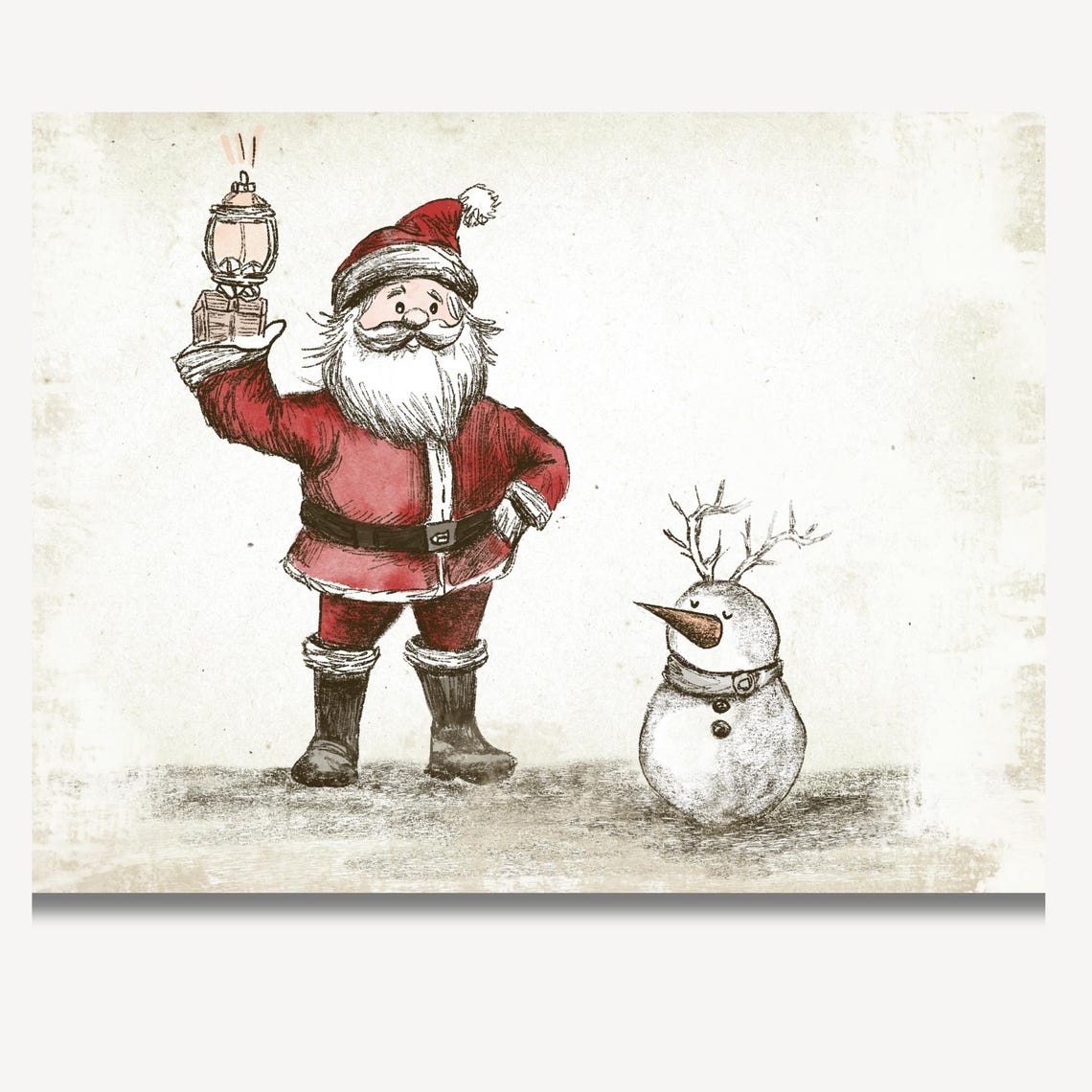 Santa With Glowing Lantern and Gifts Beside Little Snowman Poster - Image 2