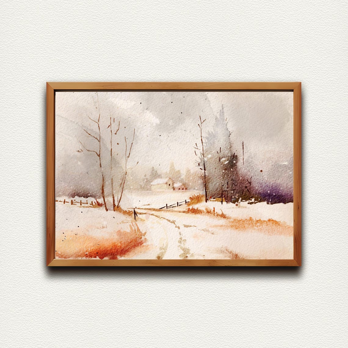 Snowy Winter Farmhouse Path Through Misty Valley Watercolor Poster - Image 4