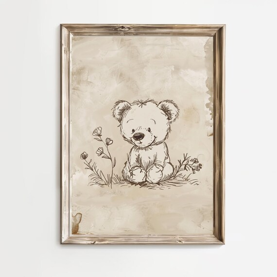Vintage Teddy Bear Sketch Sitting Among Wildflowers Nursery Poster