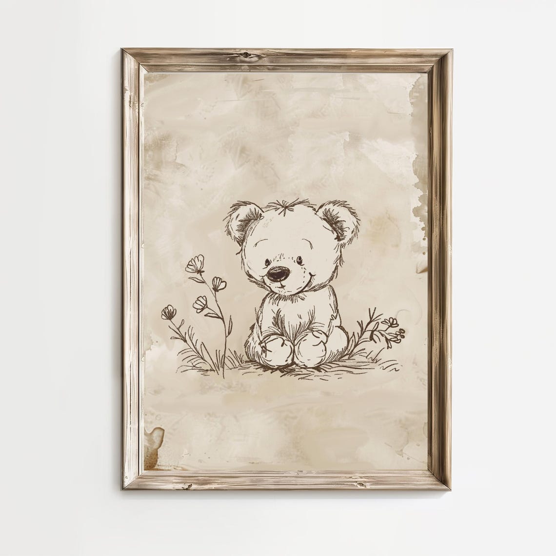 Vintage Teddy Bear Sketch Sitting Among Wildflowers Nursery Poster