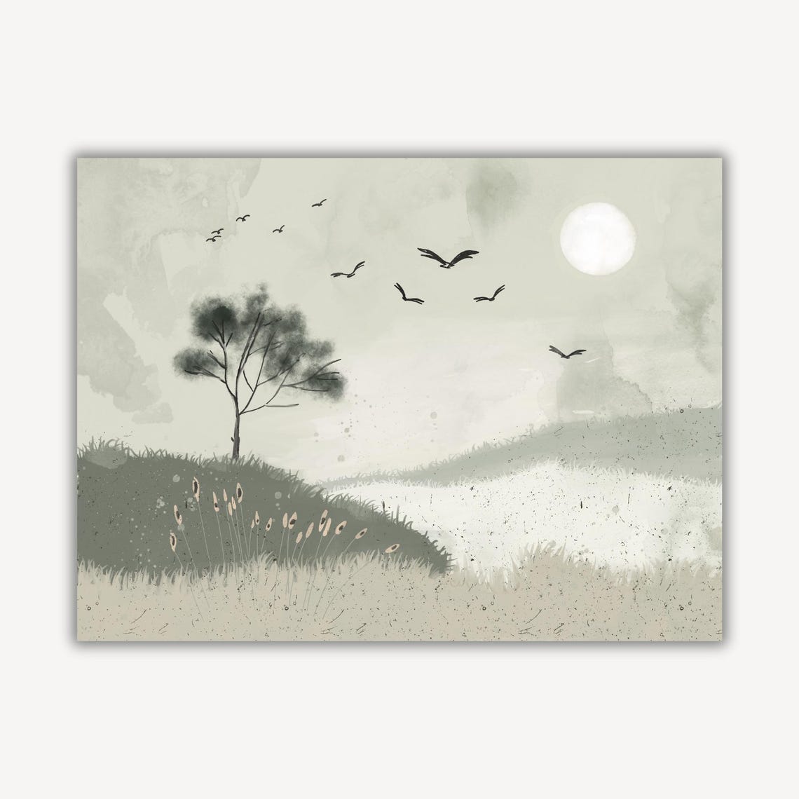 Monochrome Moonlit Hills With Birds And Lone Tree Landscape Wall Art - Image 3