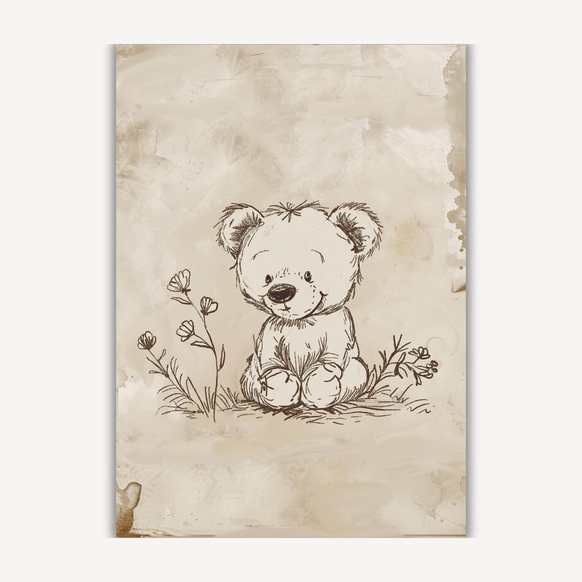 Vintage Teddy Bear Sketch Sitting Among Wildflowers Nursery Poster - Image 3