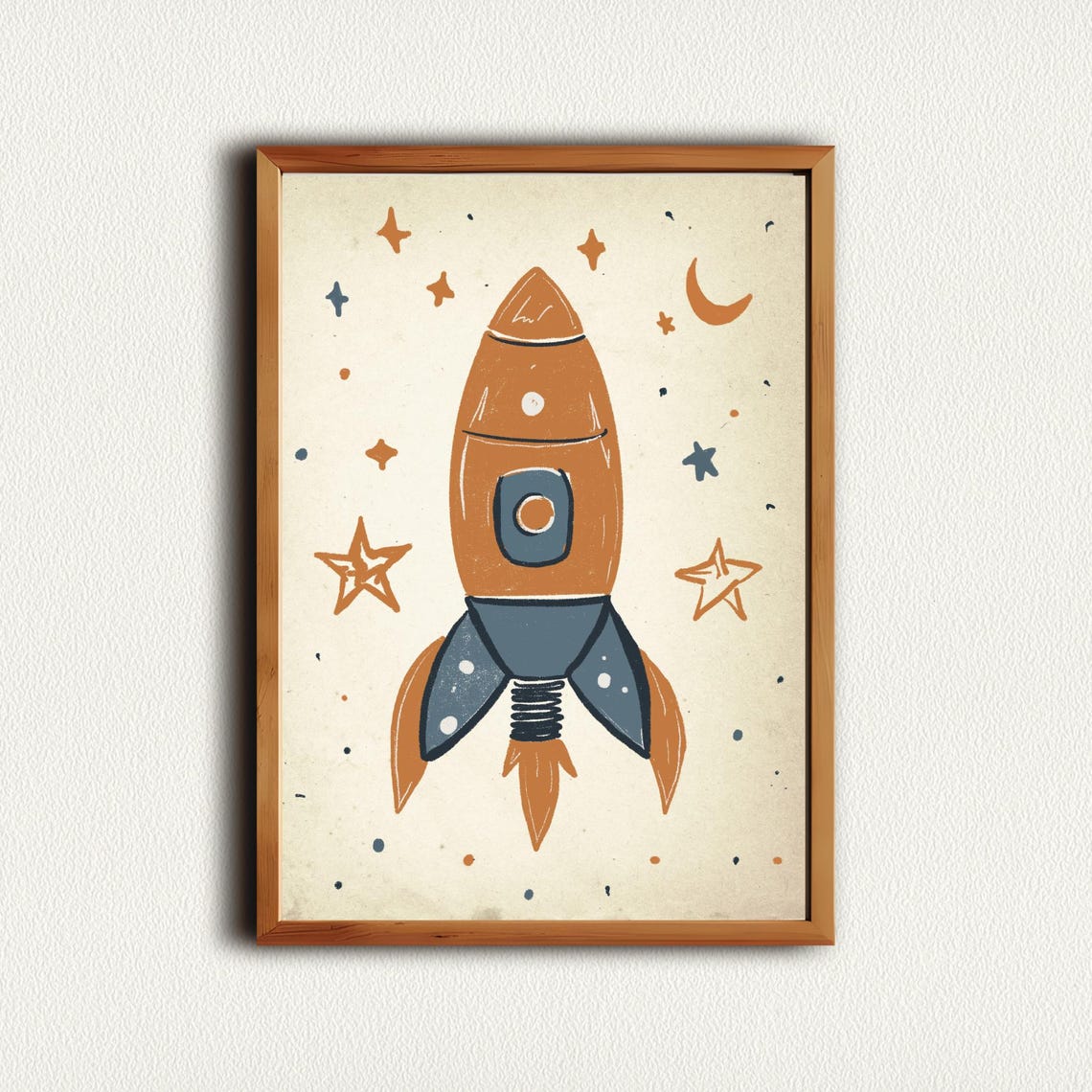 Retro Orange Rocket Ship Among Stars Nursery Space Room Poster - Image 3