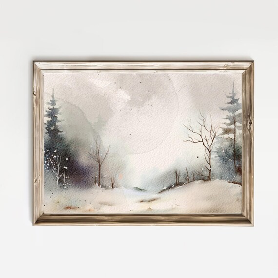 Misty Snowy Winter Forest Evergreens Watercolor Painting Poster