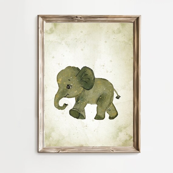 Sweet Baby Elephant in Green Watercolor Safari Nursery Art Print