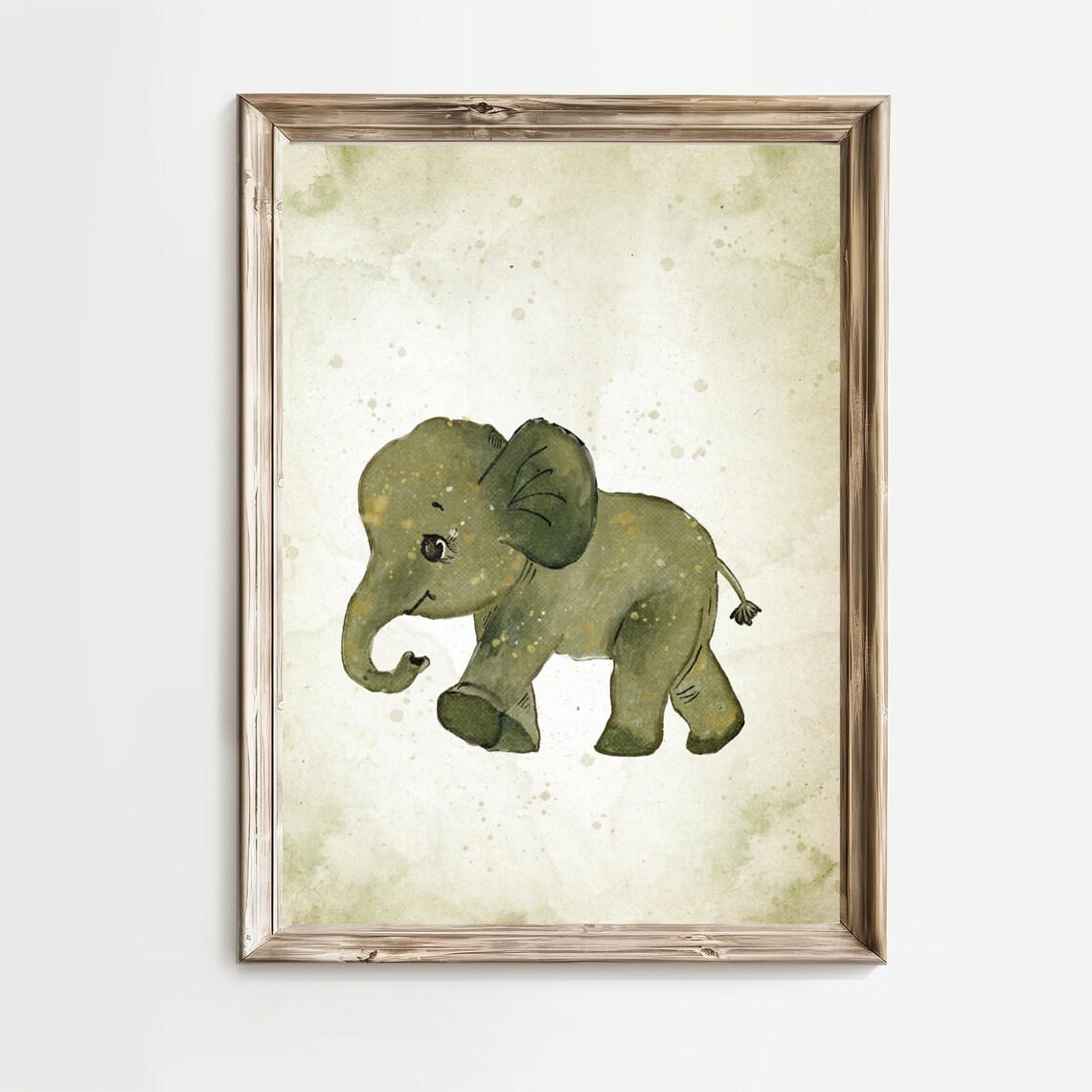Sweet Baby Elephant in Green Watercolor Safari Nursery Art Print