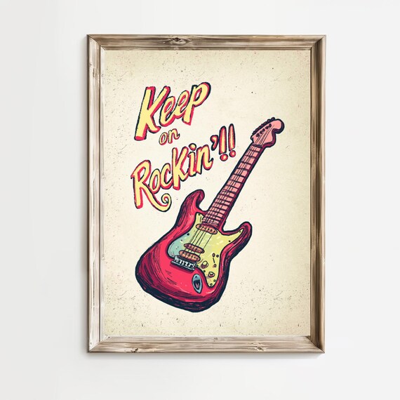 Keep on Rockin Red Electric Guitar Retro Music Quote Wall Poster
