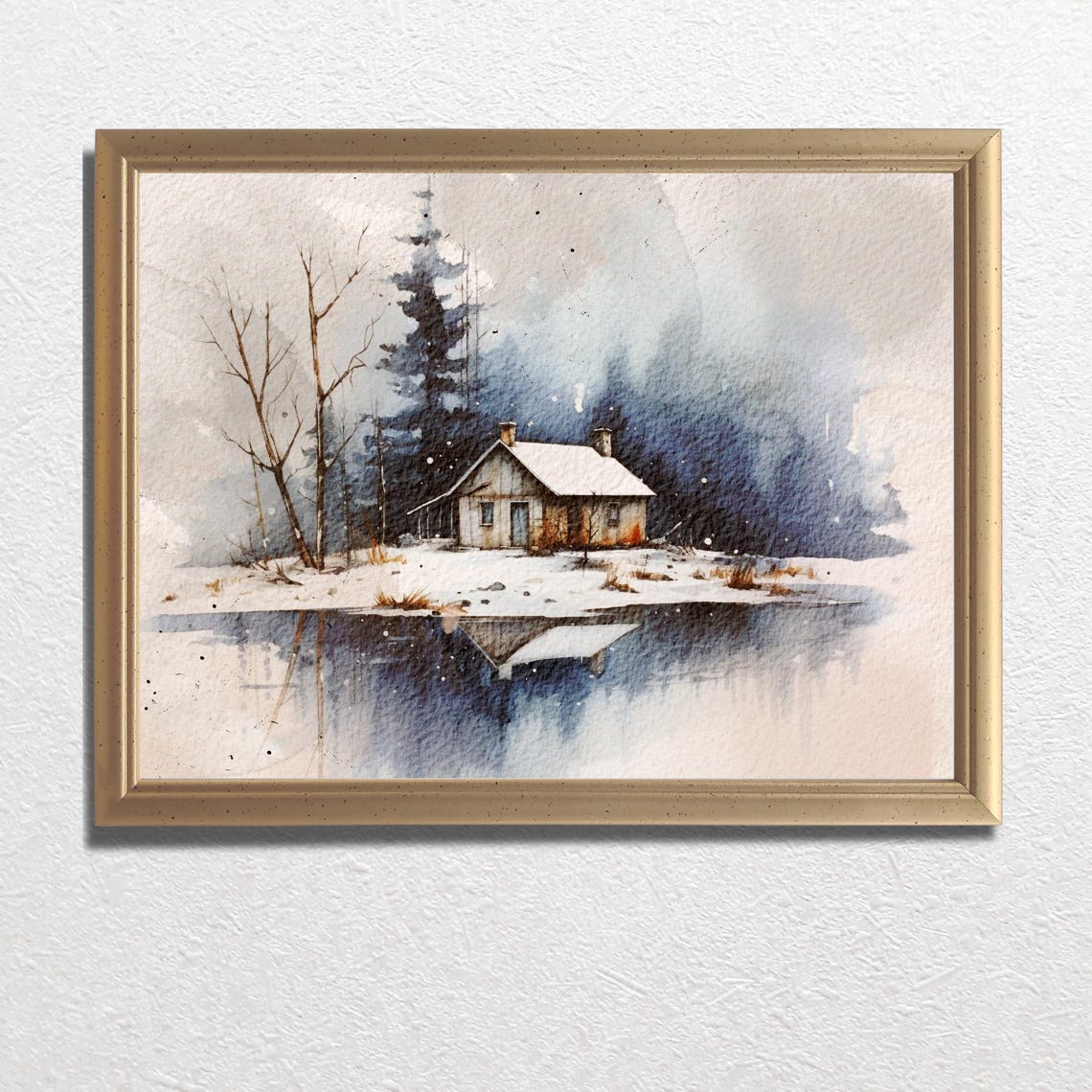 Lakeside Log Cabin Reflection In Snow Winter Watercolor Poster - Image 3