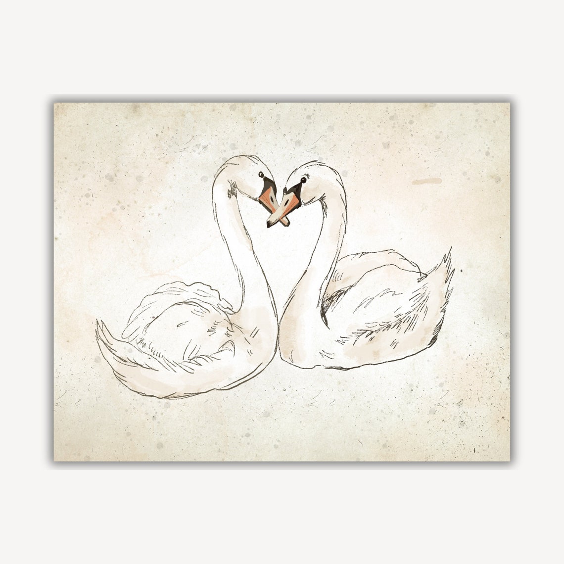 Swans with Necks Forming Heart Romantic Sketch Decor Art Print - Image 4