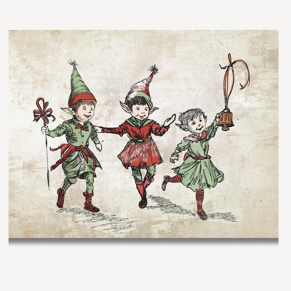 Three Merry Christmas Elves Walking Together Vintage Holiday Poster - Image 2