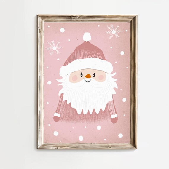 Pink Santa Claus Snowy Snowscape Kids Christmas Nursery Poster