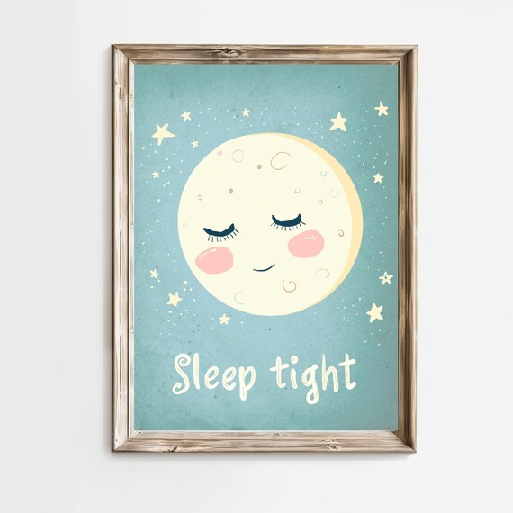 Sleep Tight Smiling Moon Stars Kids Nursery Affirmation Poster