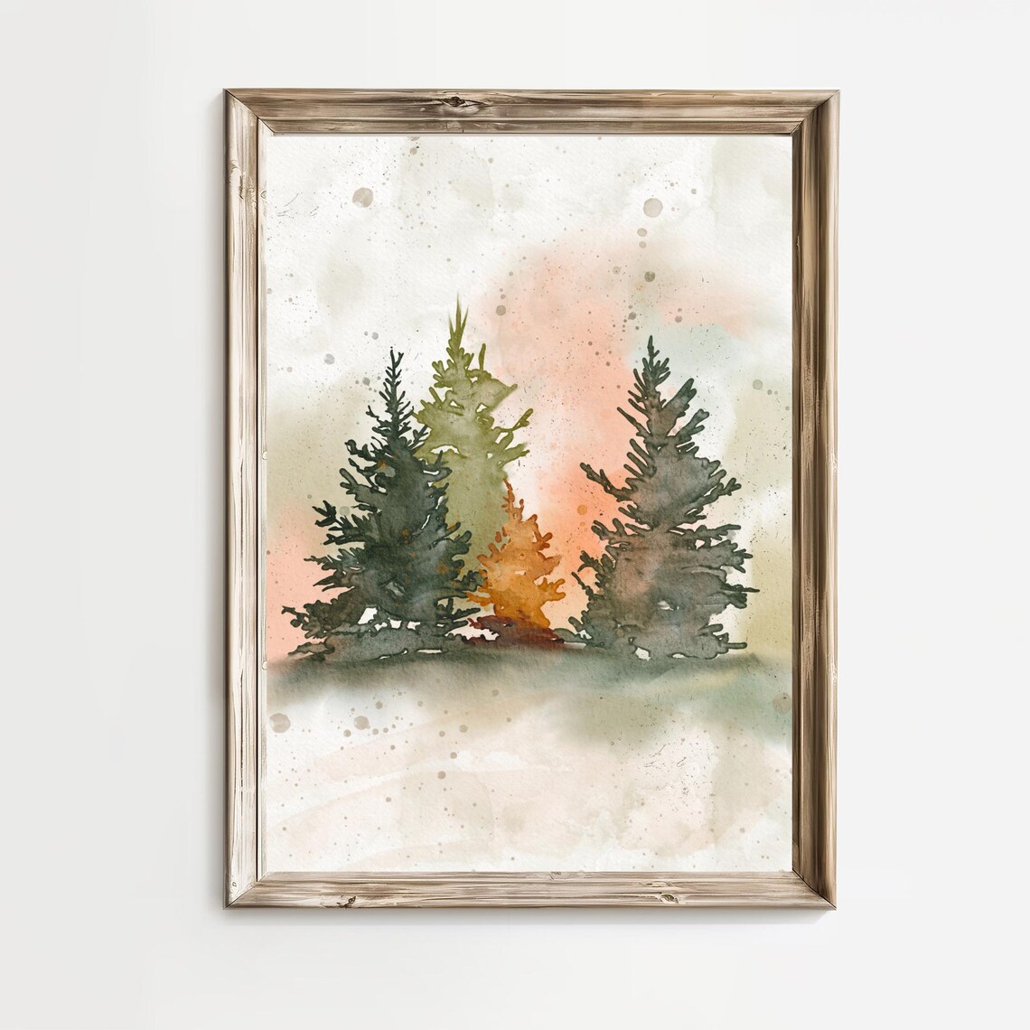 Misty Evergreen Forest Watercolor With Soft Blush Sky Christmas Wall Art