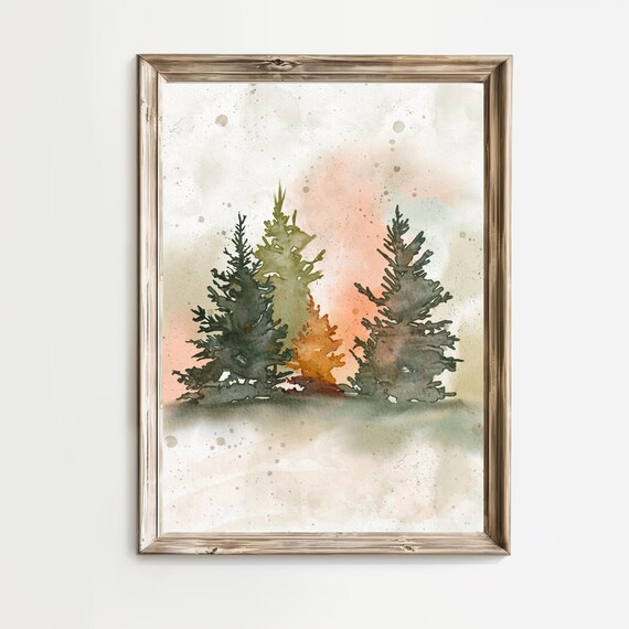 Misty Evergreen Forest Watercolor With Soft Blush Sky Christmas Wall Art