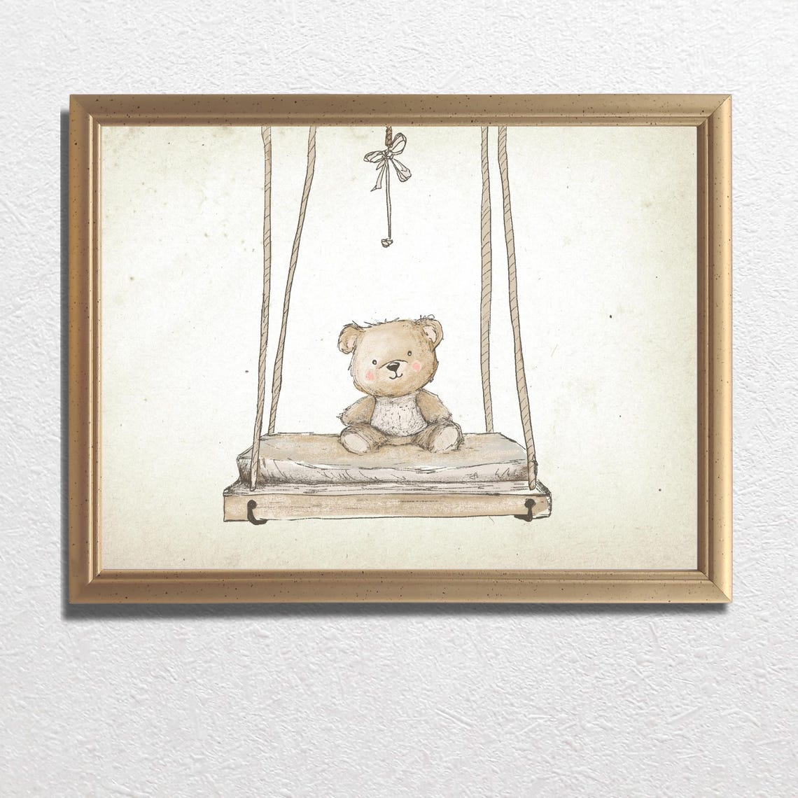 Vintage Teddy Bear Sitting on Rope Swing Sketch Nursery Print - Image 3