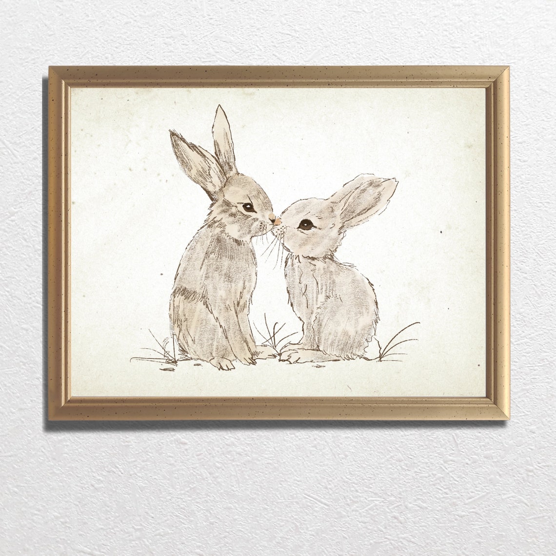 Two Vintage Bunny Rabbits Nose to Nose Nursery Sketch Poster - Image 2